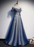Navy Blue tulle long prom dress blue evening HZ0308