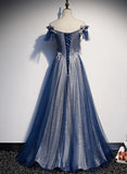 Navy Blue tulle long prom dress blue evening HZ0308
