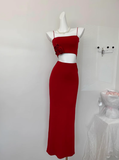 Cute Mermaid Spaghetti Straps 2 Pieces Red Long Summer Dress For Women HZ1121