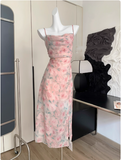 Cute A line Spaghetti Straps Pink Floral Long Chiffon Dress For Women HZ1121