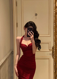 Vintage Sheath Halter Neckline Red Satin Sleeveless 18th Birthday Dress Party Gown Birthday Outfits For Women HZ1121