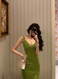 Vintage Mermaid V Neckline Green Floral Sleeveless 18th Birthday Dress Party Gown Birthday Outfits For Women HZ1121