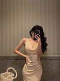Vintage Sheath V Neckline Champagne Satin Sleeveless 18th Birthday Dress Party Gown Birthday Outfits For Women HZ1121