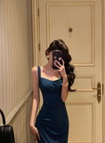 Vintage Sheath Square Neckline Blue Satin Sleeveless 18th Birthday Dress Party Gown Birthday Outfits For Women HZ1121
