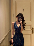 Vintage A line V Neckline Navy Blue Chiffon 18th Birthday Dress Party Gown Birthday Outfits For Women HZ1121