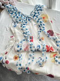 Fresh White Background Colorful Floral V-neck Ruffle Waist Chiffon Long Prom Dress Evening Dress HZ1022