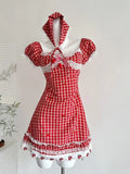 Sweet Retro Red And White Plaid Short-sleeved Waist A-line 15th Birthday Homecoming Dress HZ1022
