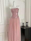 Elegant Pink A-line Tube Top Sequined Tulle Long Prom Dress Evening Dress Bridesmaid Dress HZ1022