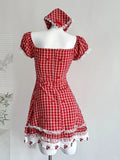 Sweet Retro Red And White Plaid Short-sleeved Waist A-line 15th Birthday Homecoming Dress HZ1022
