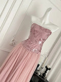 Elegant Pink A-line Tube Top Sequined Tulle Long Prom Dress Evening Dress Bridesmaid Dress HZ1022