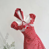 Sweet Retro Red And White Plaid Short-sleeved Waist A-line 15th Birthday Homecoming Dress HZ1022