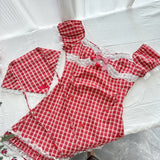 Sweet Retro Red And White Plaid Short-sleeved Waist A-line 15th Birthday Homecoming Dress HZ1022