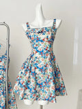 Fresh Blue Floral Waist Thin Strap Square Neck A-line Short 16th Birthday Homecoming Dress HZ1022