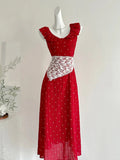 Sweet Red And White Polka Dot A-line Ruffle Waist Long Prom Dress 17th Birthday Dress HZ1022