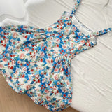 Fresh Blue Floral Waist Thin Strap Square Neck A-line Short 16th Birthday Homecoming Dress HZ1022