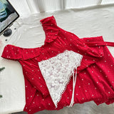 Sweet Red And White Polka Dot A-line Ruffle Waist Long Prom Dress 17th Birthday Dress HZ1022