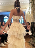 Vintage A line Strapless White Chiffon Long Prom Dresses HZ1022