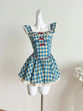 Sweet Blue and Yellow Plaid Waist Square Neck Short A-line 15th Birthday Homecoming Dress HZ1022