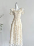 Elegant Vintage Ivory A-line Square Neck Short Sleeve Lace Waist Long Prom Dress Evening Dress HZ1022