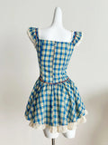 Sweet Blue and Yellow Plaid Waist Square Neck Short A-line 15th Birthday Homecoming Dress HZ1022