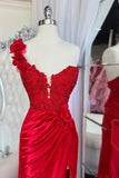 One Shoulder Red Appliques Ruched Long Formal HZ0308