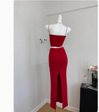 Cute Mermaid Spaghetti Straps 2 Pieces Red Long Summer Dress For Women HZ1121