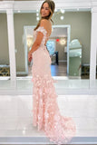 Pretty Light Pink Off the Shoulder Lace Appliques Mermaid Long Prom Dresses Graduation Dress HZ1121