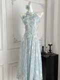 Sweet Blue And White Gradient A-line Halter Neck Chiffon Long Prom Dress Evening Dress HZ1022