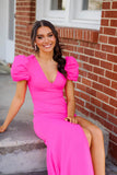 Short Sleeves Hot Pink V Neck Mermaid Long Formal HZ0308