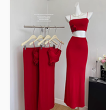 Cute Mermaid Spaghetti Straps 2 Pieces Red Long Summer Dress For Women HZ1121