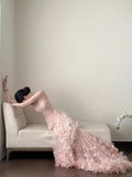 Sweet Pale Pink Mermaid Tail Three-dimensional Petal Long Prom Dress Evening Dress Wedding Dress HZ1022