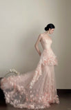 Sweet Pale Pink Mermaid Tail Three-dimensional Petal Long Prom Dress Evening Dress Wedding Dress HZ1022