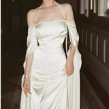 Vintage A line Strapless Long Sleeves White Silk Satin Backless Wedding Dresses HZ1022