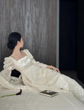 Retro Elegant Ivory A-line Square Neck Long Sleeve Embroidered Lace Long Prom Dress Evening Dress HZ1022