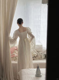Retro Elegant Ivory A-line Square Neck Long Sleeve Embroidered Lace Long Prom Dress Evening Dress HZ1022