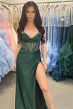 Sheer Corset Dark Green Beaded Mermaid Long Formal HZ0308