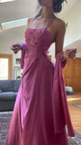 Classy Fuchsia Spaghetti Straps Satin A-Line Beaded Long Prom Dress Bridesmaid Dresses Long formal Dress HZ1121