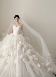 Elegant White Trailing Heart-shaped Neckline 3D Floral Tulle Ball Gown Wedding Dress HZ1022