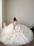Elegant White Trailing Heart-shaped Neckline 3D Floral Tulle Ball Gown Wedding Dress HZ1022