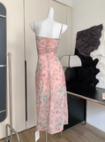 Cute A line Spaghetti Straps Pink Floral Long Chiffon Dress For Women HZ1121