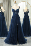 Straps Navy Blue Lace Appliques A-line Formal HZ0308