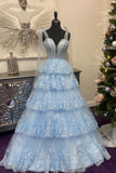 Light Blue Appliques Tiered Ruffle Prom HZ0308