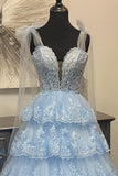 Light Blue Appliques Tiered Ruffle Prom HZ0308