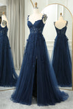 Straps Navy Blue Lace Appliques A-line Formal HZ0308