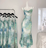 Cute Mermaid Spaghetti Straps Green Long Summer Dress For Women HZ1121