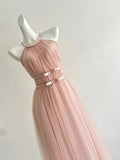 Elegant Pink A-line Halter Neck Waist Tulle Long Prom Dress Evening Dress Bridesmaid Dress HZ1022