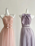 Elegant Pink A-line Halter Neck Waist Tulle Long Prom Dress Evening Dress Bridesmaid Dress HZ1022