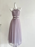 Elegant Pink A-line Halter Neck Waist Tulle Long Prom Dress Evening Dress Bridesmaid Dress HZ1022