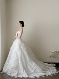 Elegant White Strapless Lace Train Ball Gown Wedding Dress HZ1022