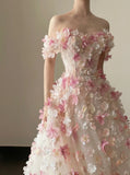 Sweet Pink And White Gradient Strapless 3D Floral Tulle Ball Gown Wedding Dress HZ1022